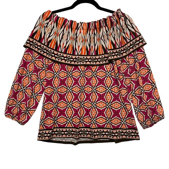 Chico's Orange Pink Brown Off Shoulder Ruffle Top Size Medium - Picture 3 of 5